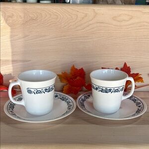 Vintage Corelle Old Town Blue Onion Coffee/Tea Cups and saucer set of 2